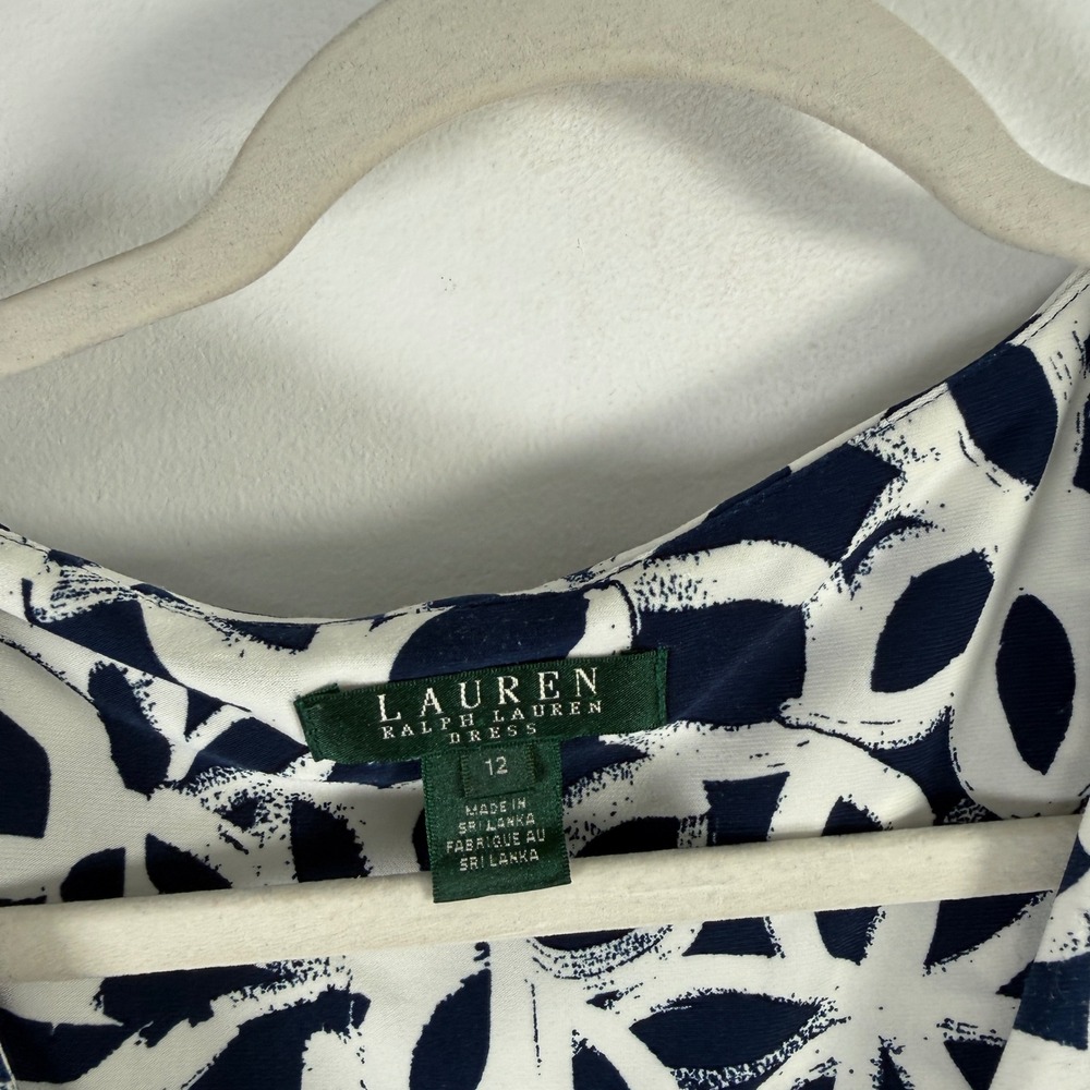 Lauren Ralph Lauren Navy Blue White Geometric Faux Wrap Midi Dress Womens 12 - Picture 4 of 9